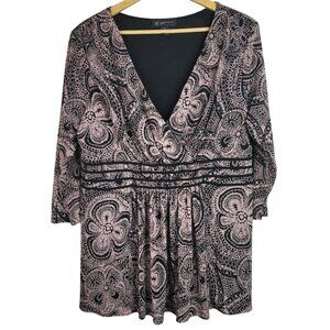 INC Babydoll Top Pink Black 1X Paisley 3/4 Sleeve V Neck Surplice Elastic Waist
